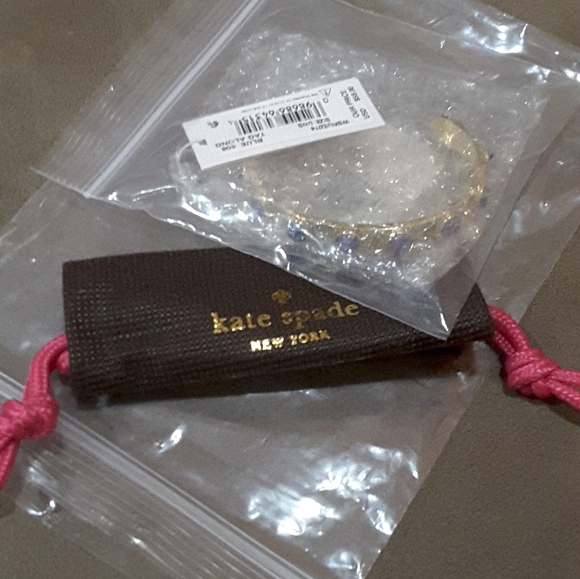 kate spade Gold Tone Tag Along Cuff Bracelet With Blue Inset Round Stones NWT - Picture 7 of 8